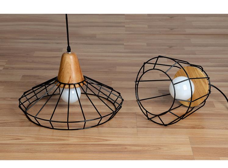 Nordic Wrought Iron Hanging Cage Pendant, Wood Lamp for Dining Room Bar