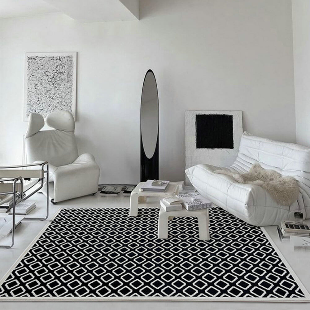 Area Rug - Bohemian, Black Rhombus Geometric White Square