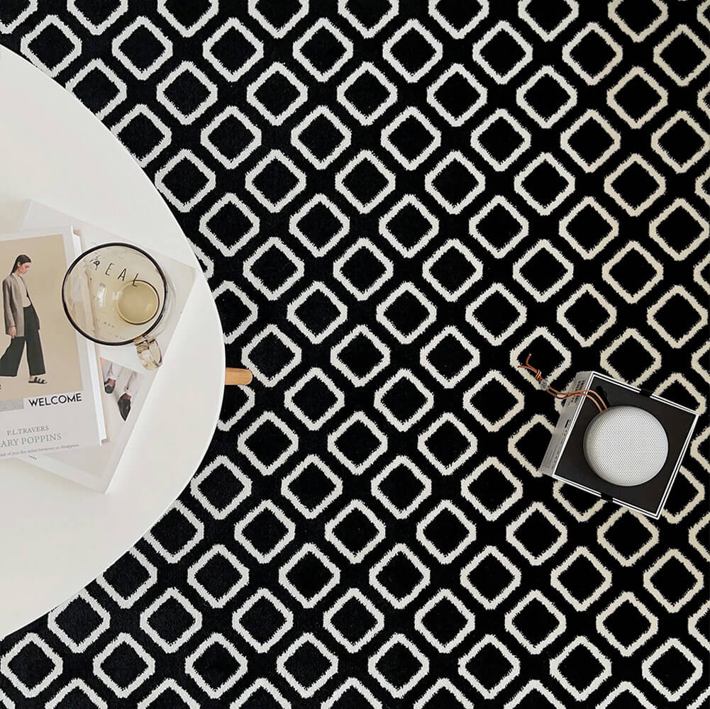Area Rug - Bohemian, Black Rhombus Geometric White Square