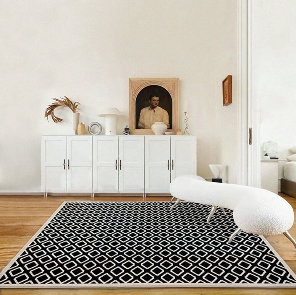 Area Rug - Bohemian, Black Rhombus Geometric White Square