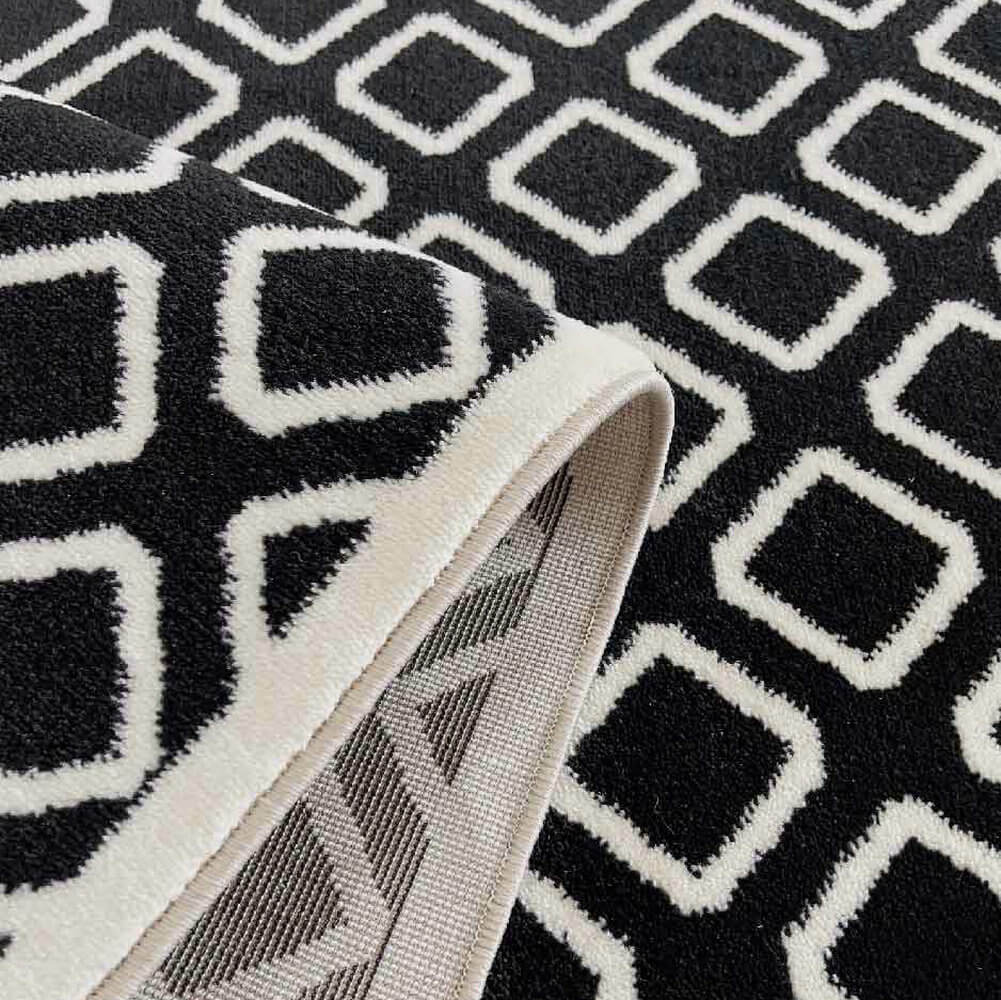 Area Rug - Bohemian, Black Rhombus Geometric White Square