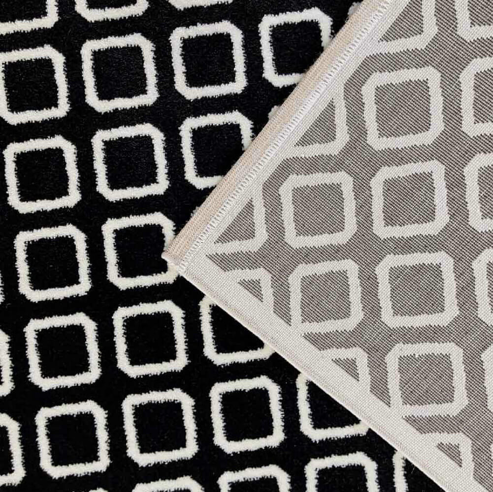 Area Rug - Bohemian, Black Rhombus Geometric White Square
