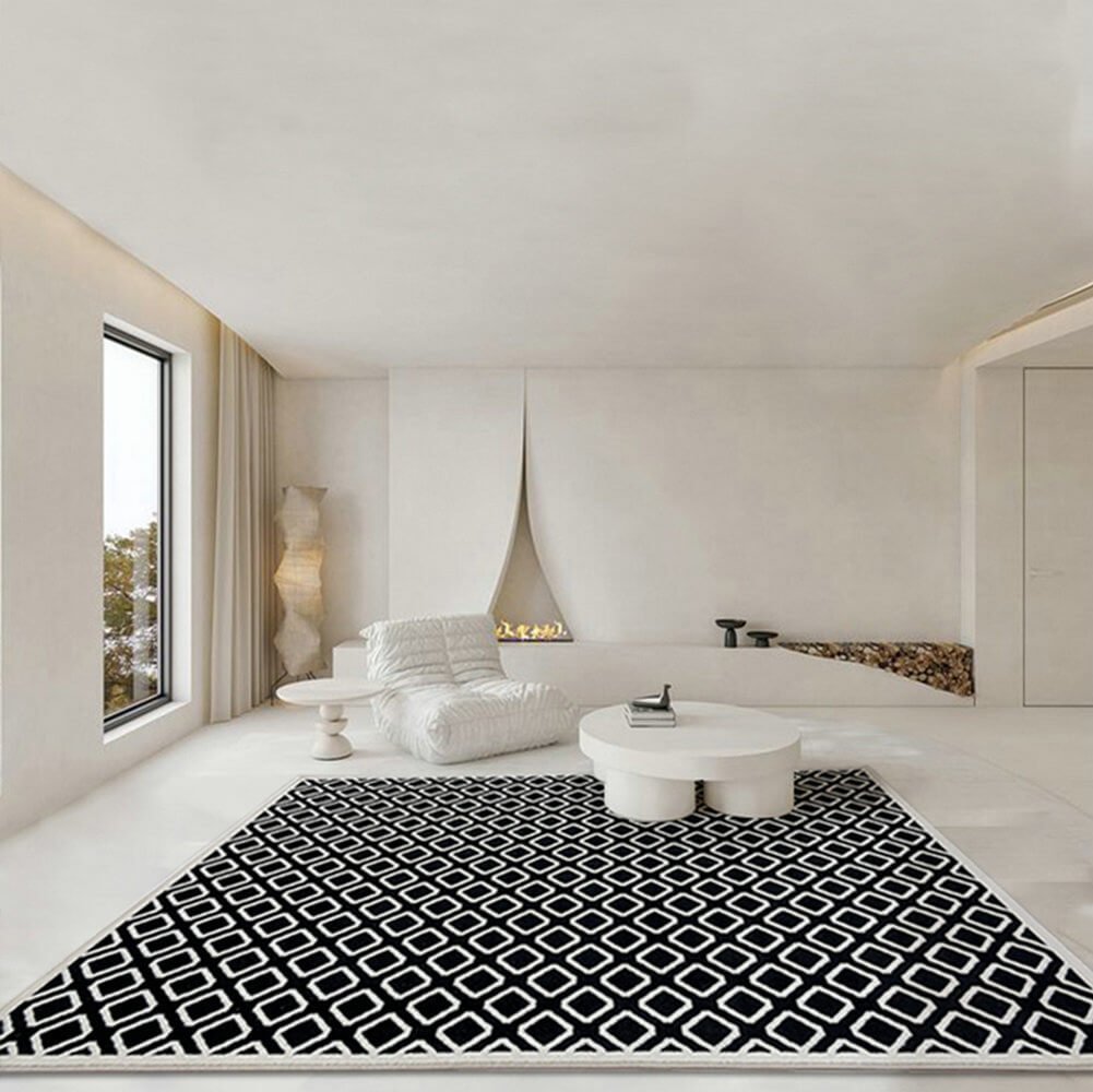 Area Rug - Bohemian, Black Rhombus Geometric White Square