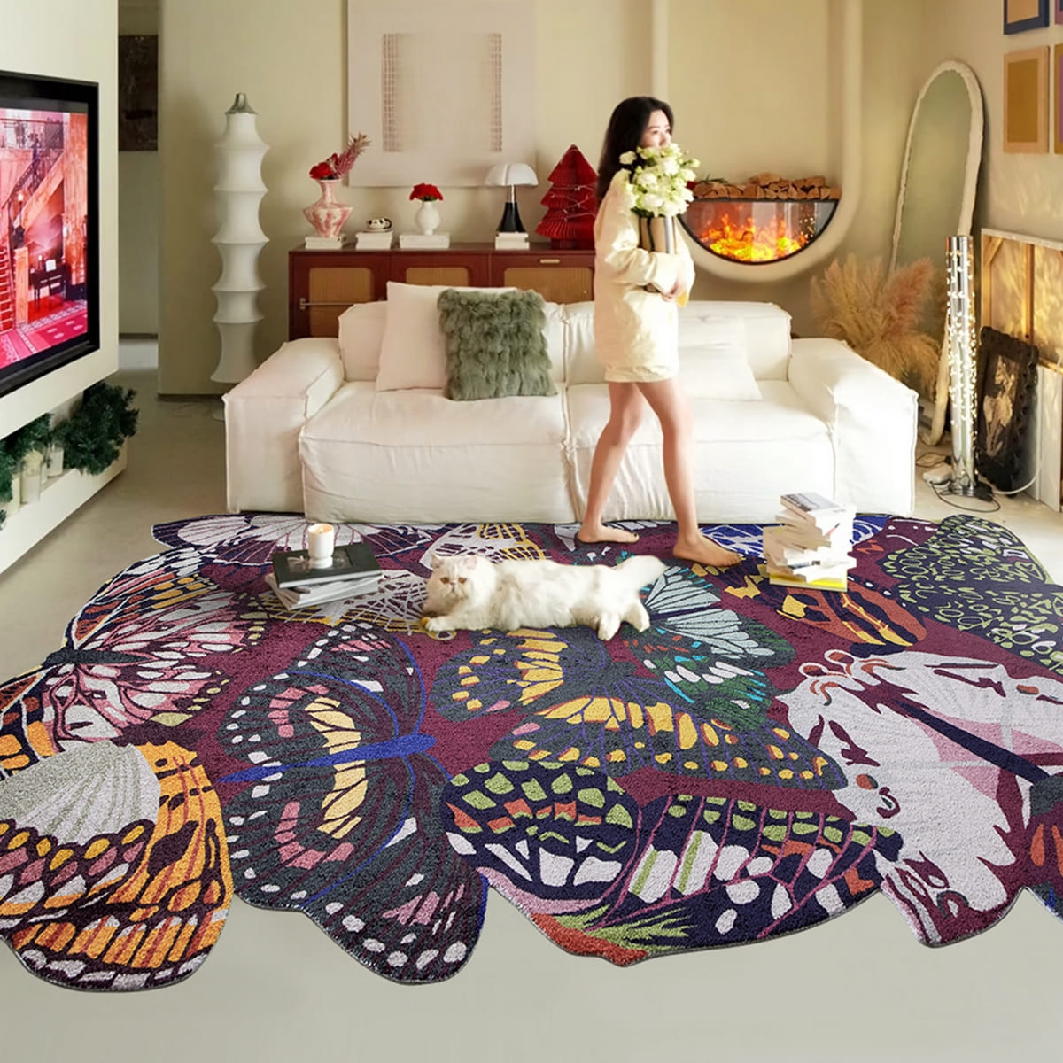 Area Rug - Bohemian, Butterfly Colorful Flying Animals