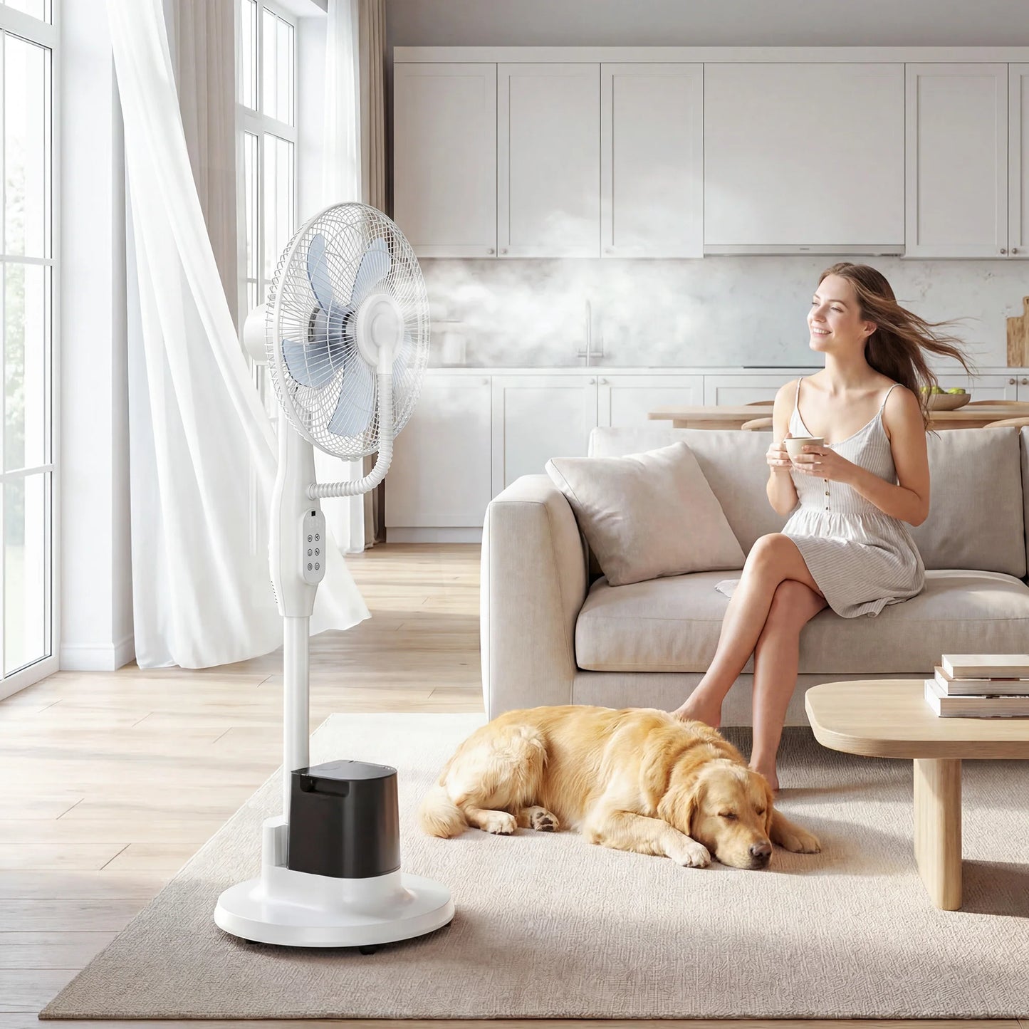Misting Fan – Pedestal Oscillating 3-Speed, White Patio