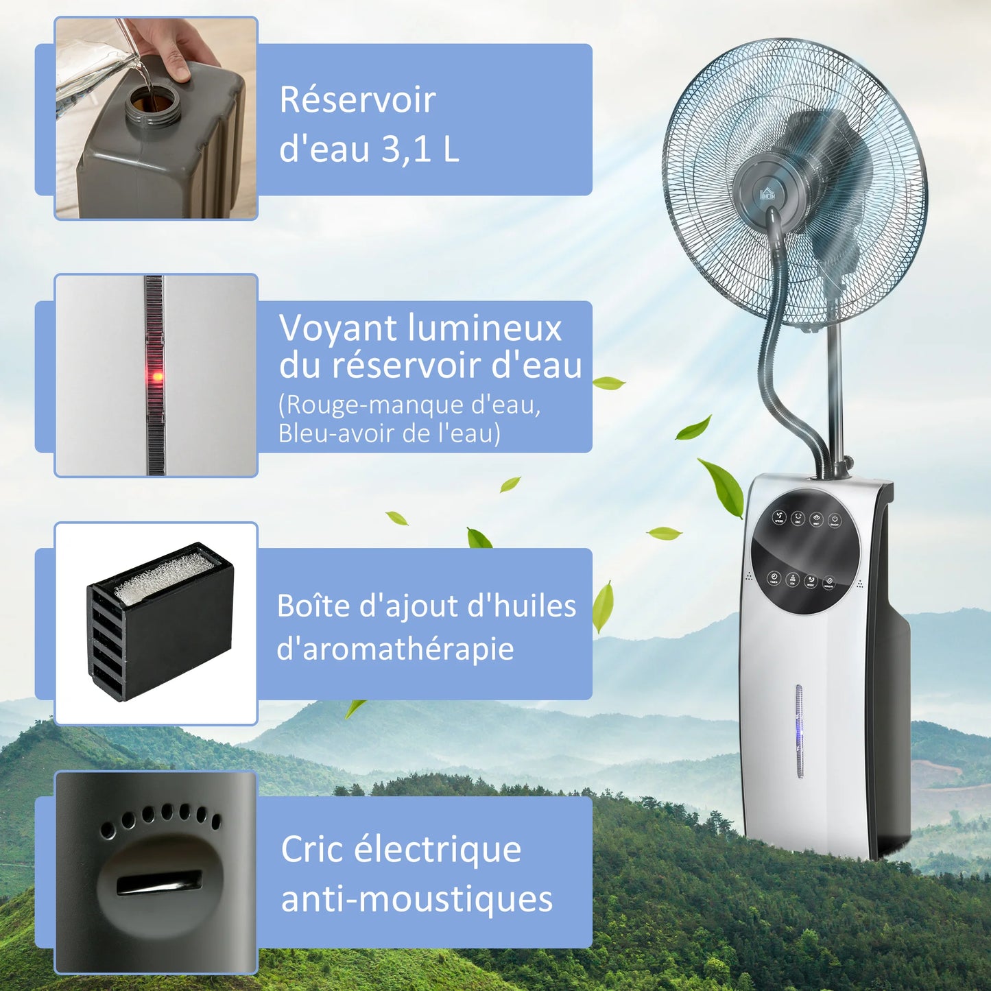 Misting Fan – Pedestal 90W Tall, 12-Hour Timer, Patio