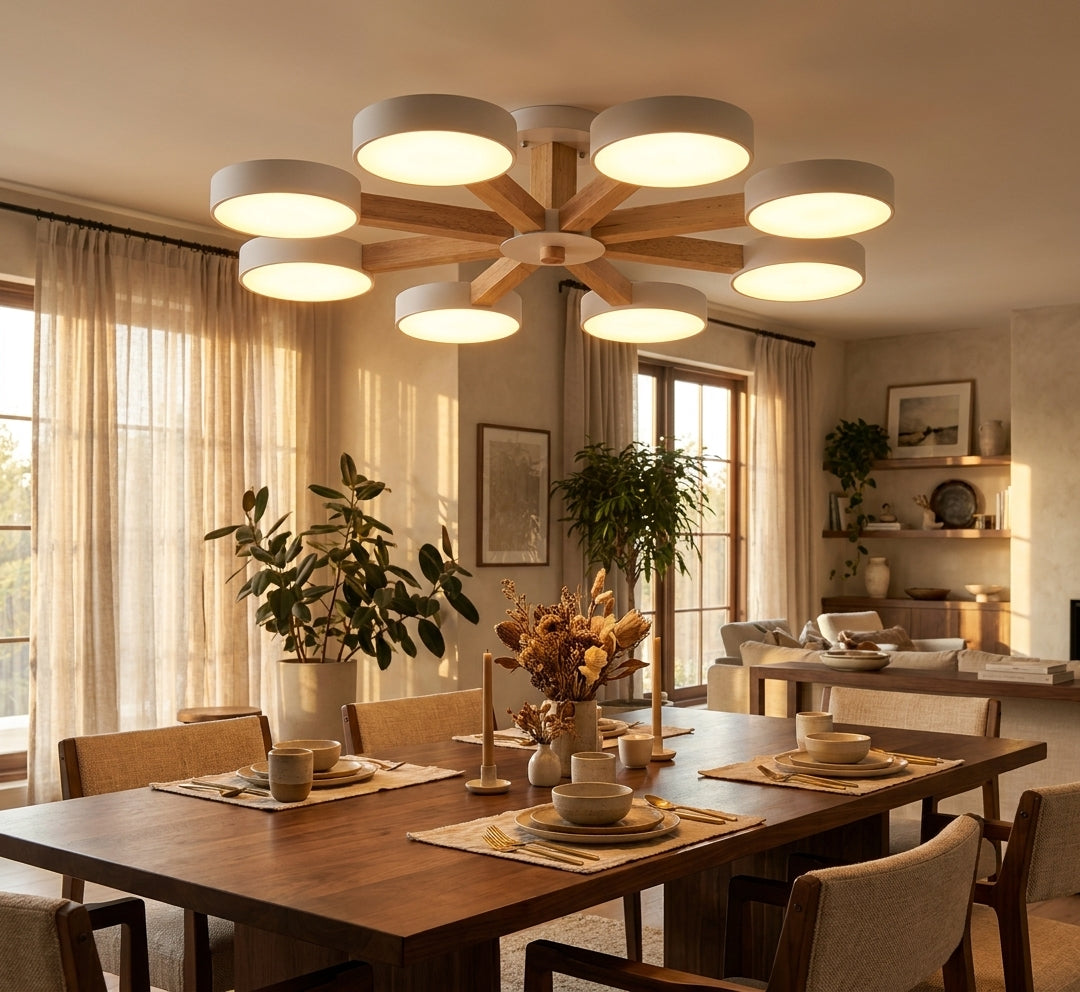 Chandelier multi-stem luxury – metal wood acrylic fan light for living room