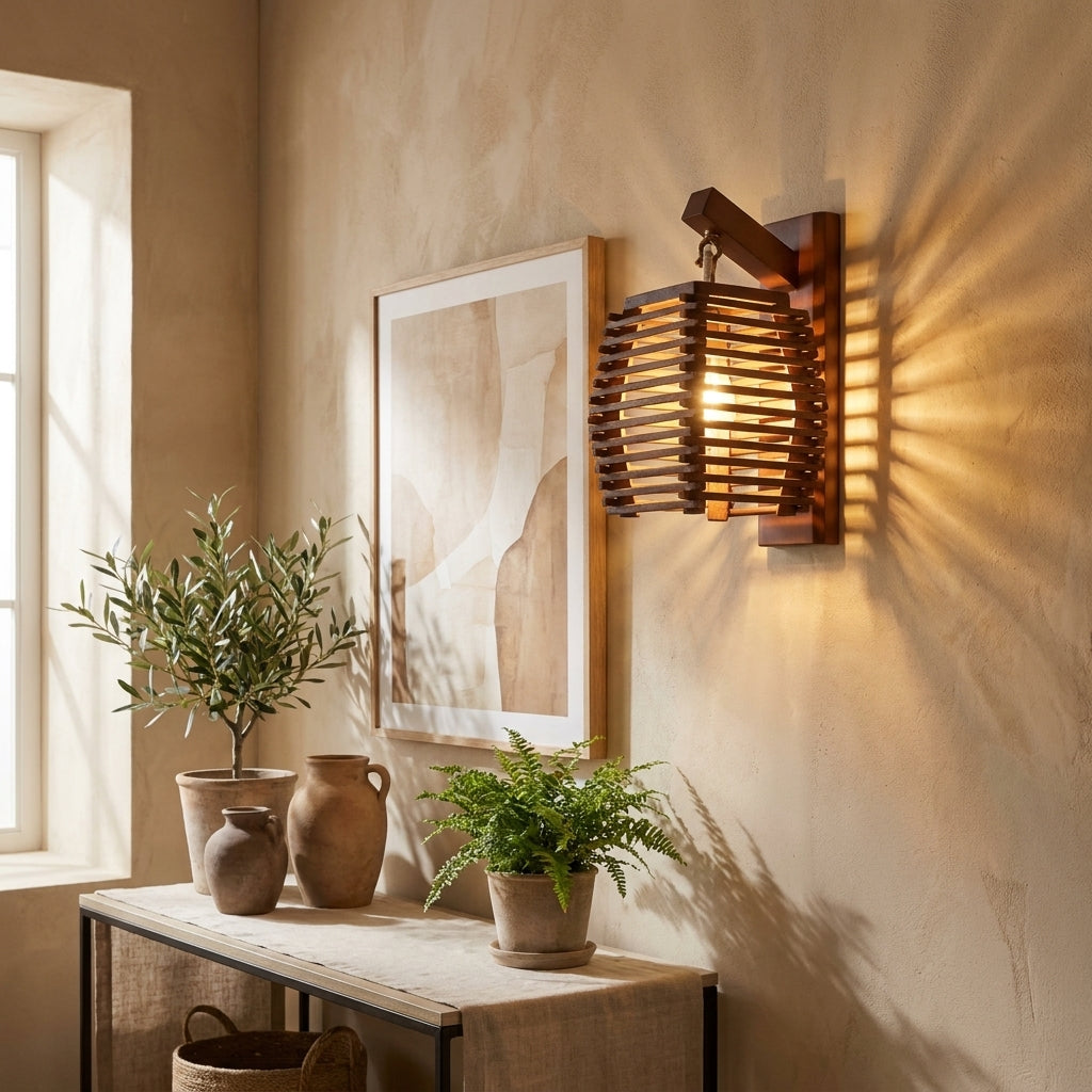 Wall Sconce rustic carved wood lantern – wood and metal fixture for bedroom