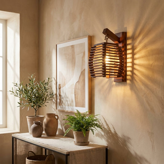 Wall Sconce rustic carved wood lantern – wood and metal fixture for bedroom
