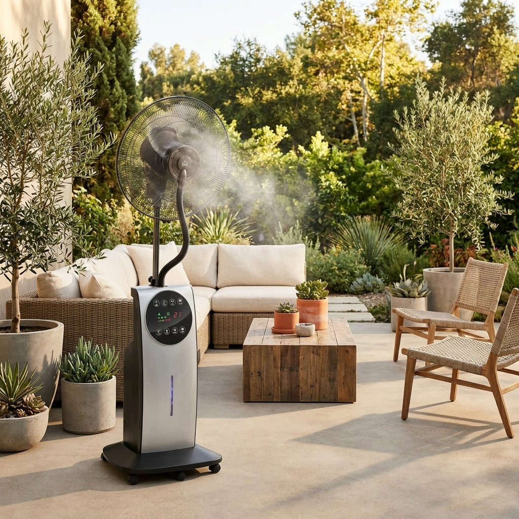 Misting Fan – Pedestal 90W Tall, 12-Hour Timer, Patio
