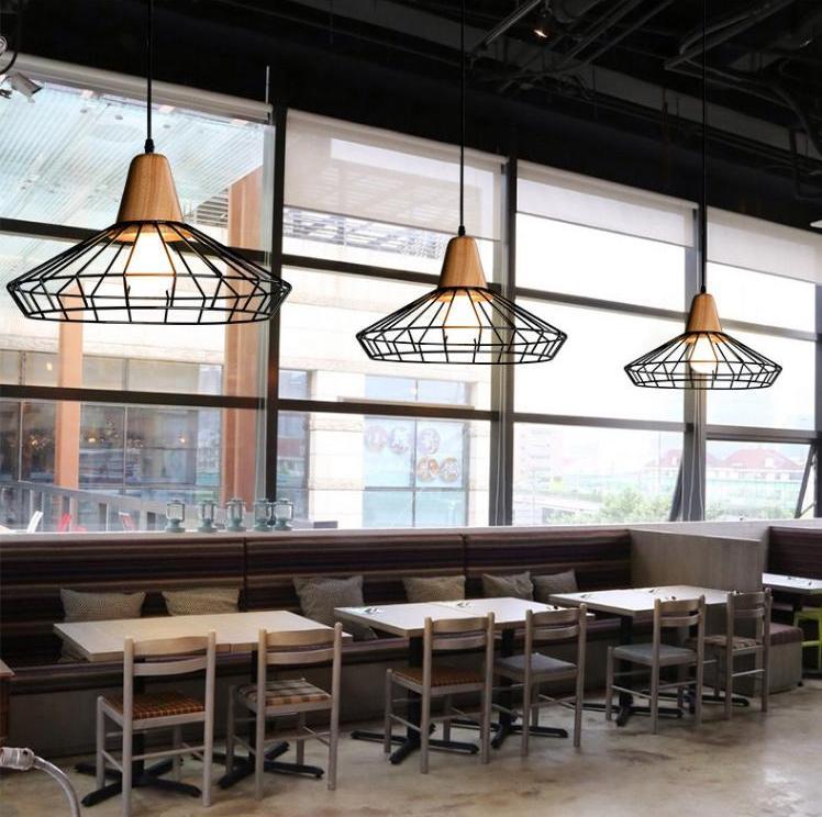 Nordic Wrought Iron Hanging Cage Pendant, Wood Lamp for Dining Room Bar