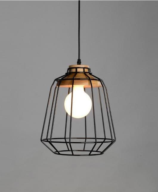 Nordic Wrought Iron Hanging Cage Pendant, Wood Lamp for Dining Room Bar