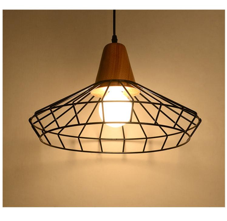 Nordic Wrought Iron Hanging Cage Pendant, Wood Lamp for Dining Room Bar