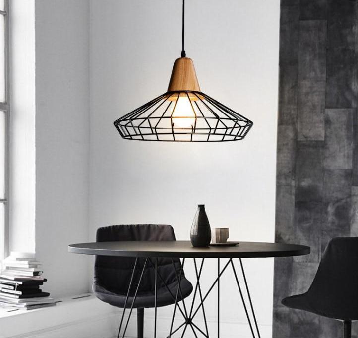 Nordic Wrought Iron Hanging Cage Pendant, Wood Lamp for Dining Room Bar