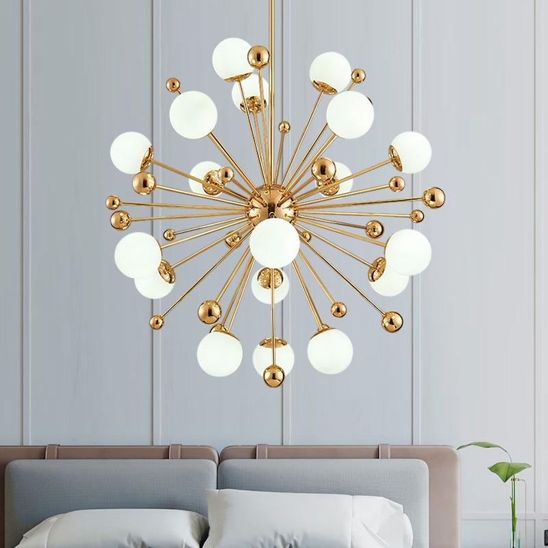 Nordic Art Deco Dandelion Chandelier, Frosted Glass Iron Lamp for Living Room