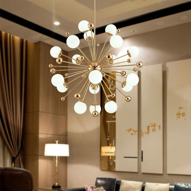 Nordic Art Deco Dandelion Chandelier, Frosted Glass Iron Lamp for Living Room