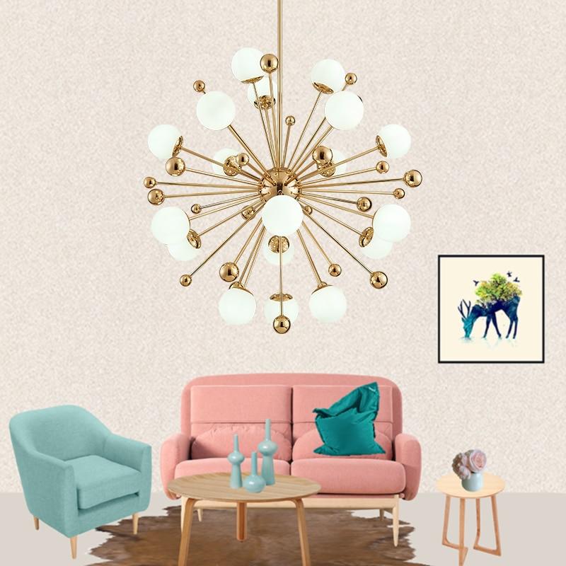 Nordic Art Deco Dandelion Chandelier, Frosted Glass Iron Lamp for Living Room