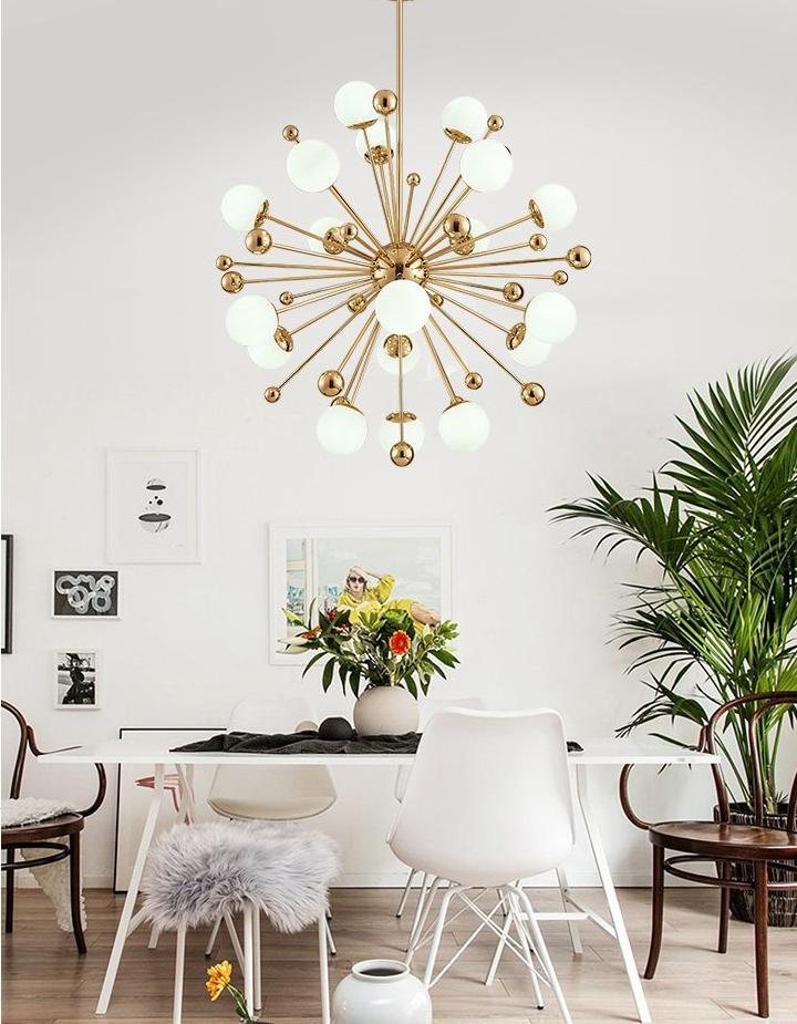 Nordic Art Deco Dandelion Chandelier, Frosted Glass Iron Lamp for Living Room