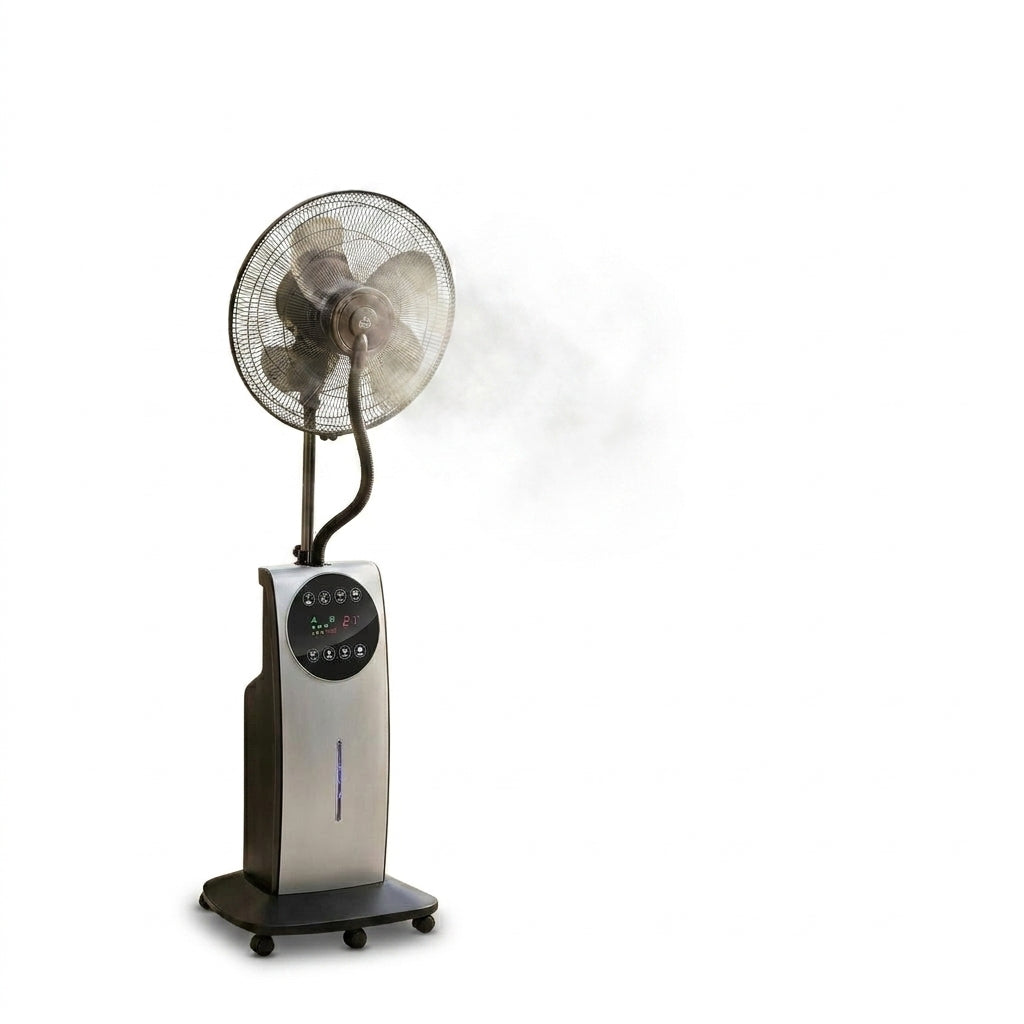 mist fan pedestal outdoor patio dark grey timer